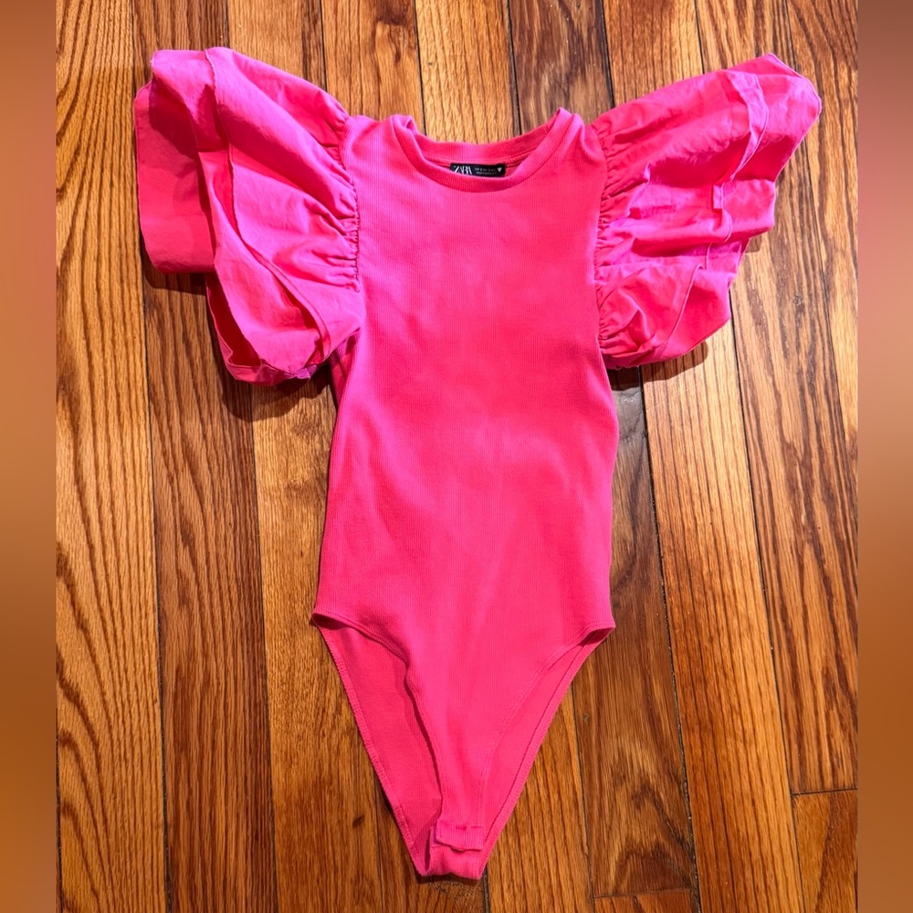 Zara Pink Ruffled Sleeve Hot Pink Bodysuit